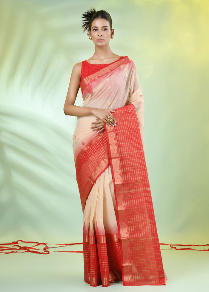 Beige Pure Cotton Texture Motifs Woven Saree Without Blouse Piece