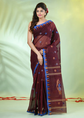 Maroon Cotton Floral Handwoven Saree Without Blouse Piece