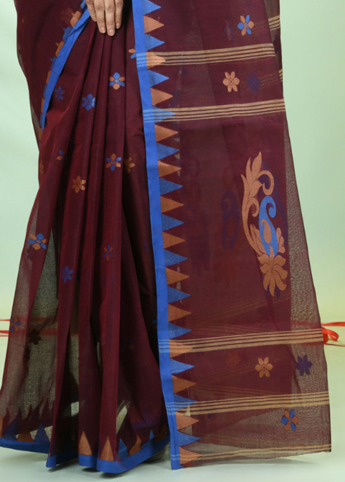 Maroon Cotton Floral Handwoven Saree Without Blouse Piece