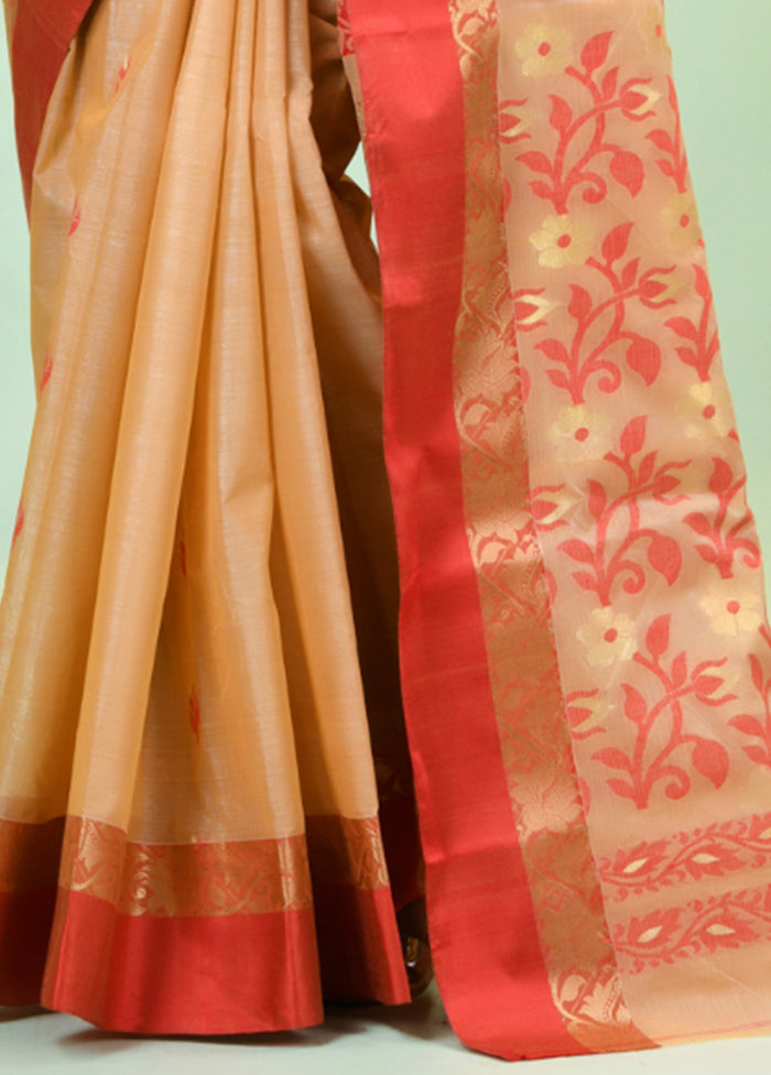 Beige Tussar Silk Texture Motifs Woven Saree Without Blouse Piece