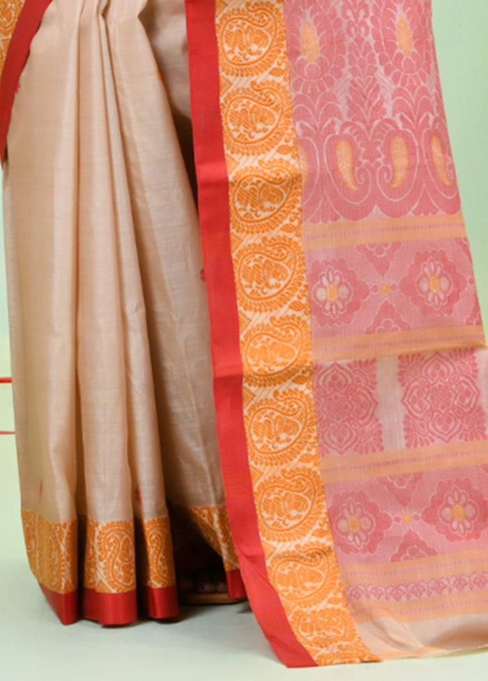 Beige Tussar Silk Texture Motifs Woven Saree Without Blouse Piece