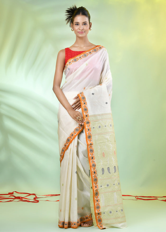 Off White Tussar Silk Texture Motifs Woven Saree Without Blouse Piece