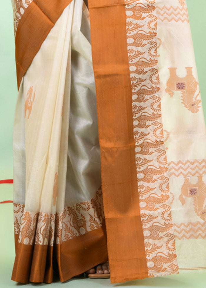 Off White Tussar Pure Silk Horse Motifs Woven Saree Without Blouse Piece