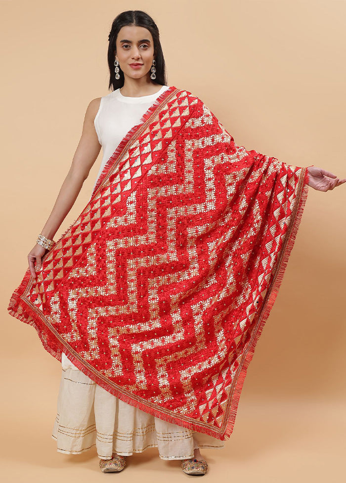 Red Chinon Phulkari Work Dupatta