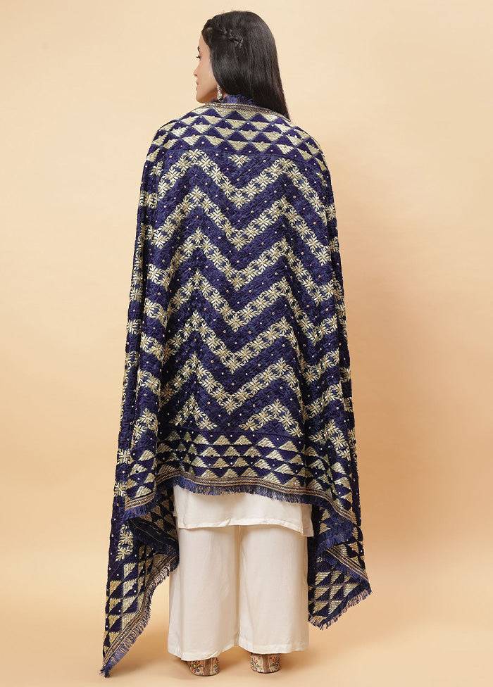 Navy Blue Chinon Phulkari Work Dupatta