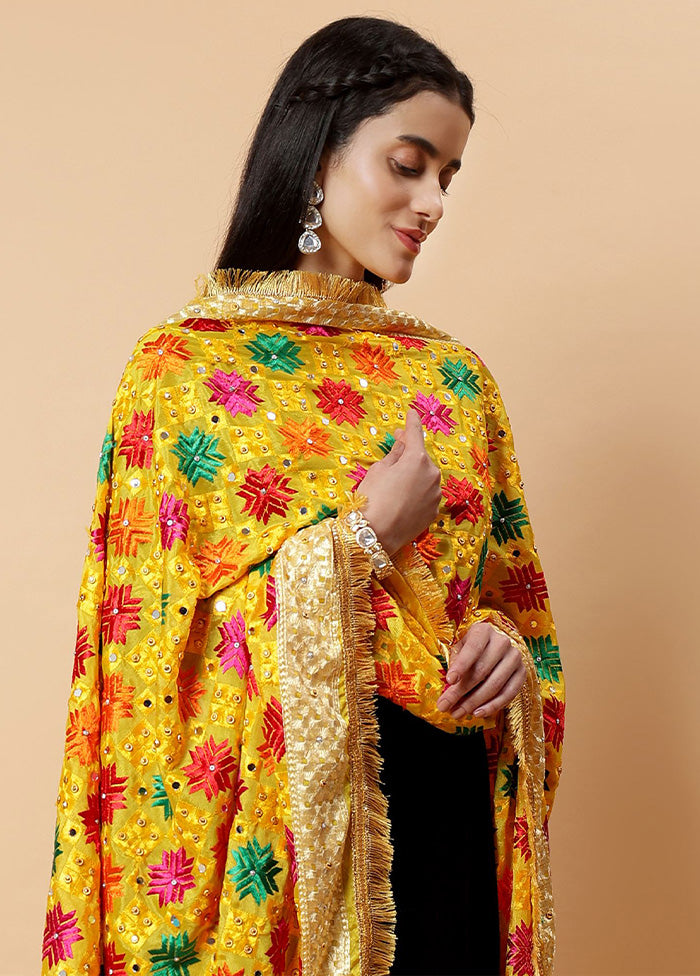 Yellow Chinon Phulkari Work Dupatta