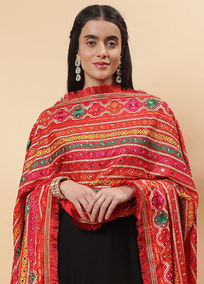 Red Chinon Phulkari Work Dupatta