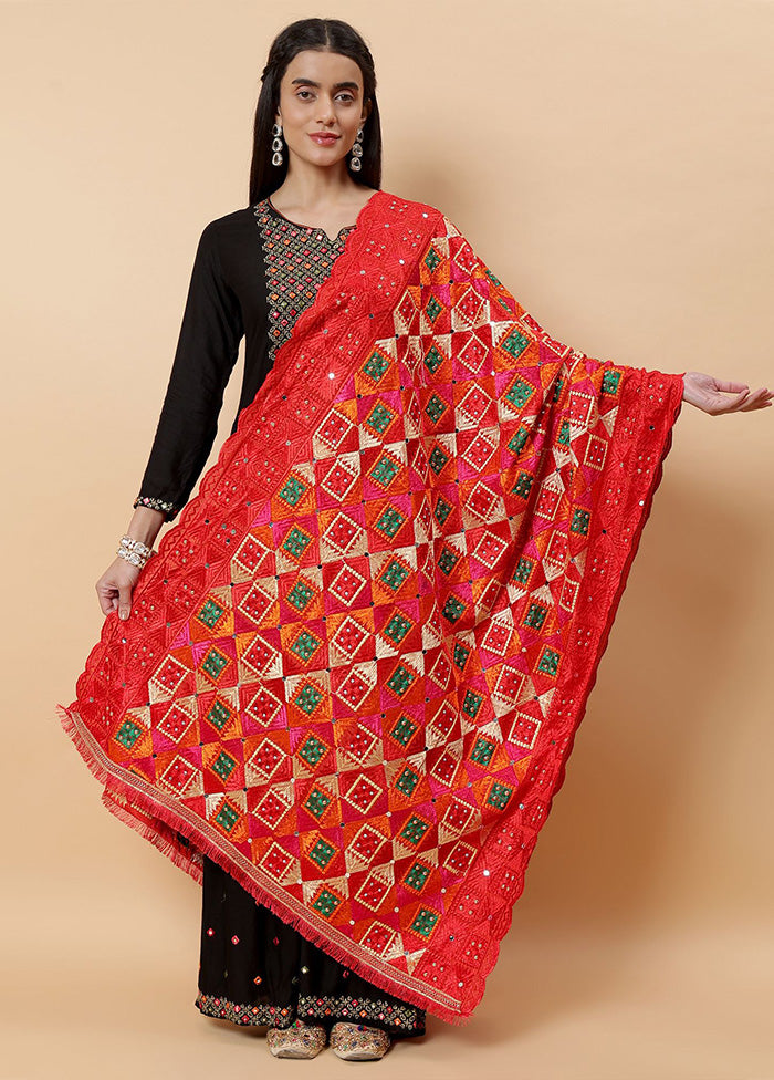 Red Chinon Phulkari Work Dupatta