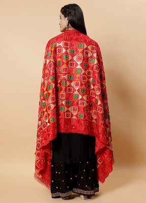 Red Chinon Phulkari Work Dupatta