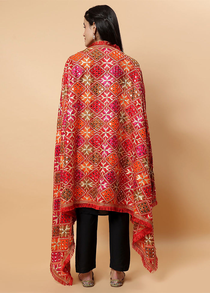 Red Chinon Phulkari Work Dupatta