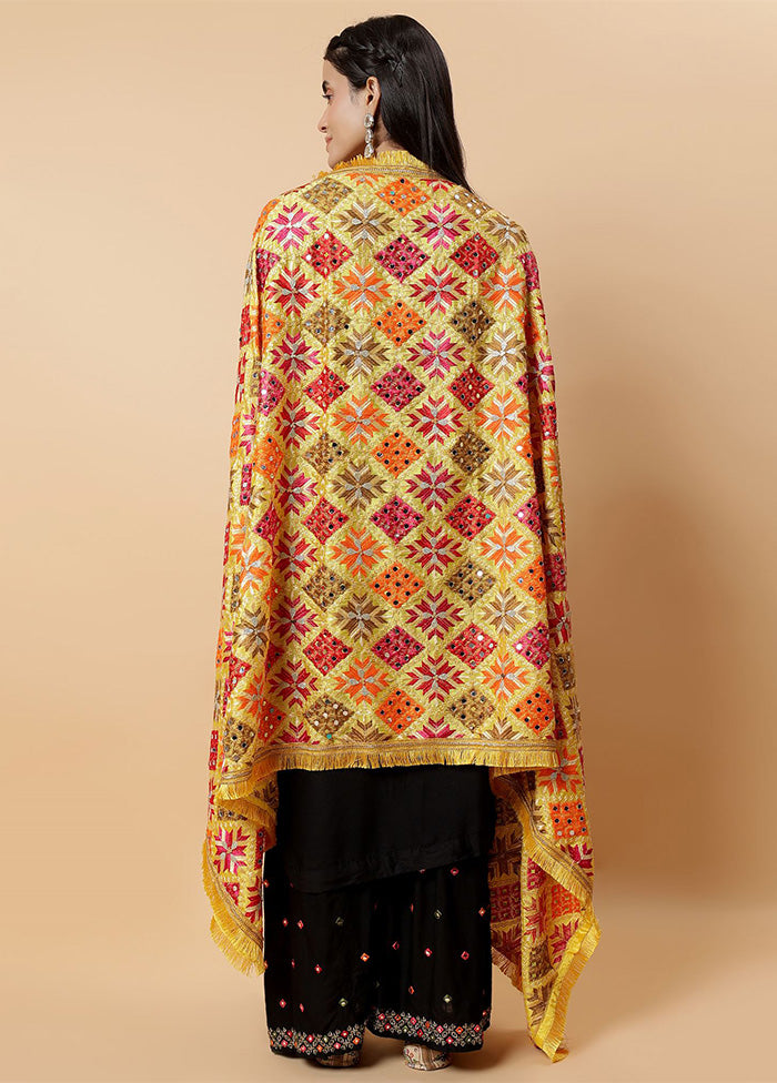 Yellow Chinon Phulkari Work Dupatta