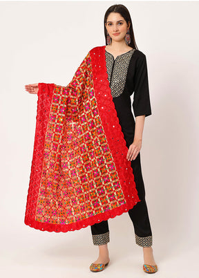 Red Chiffon Phulkari Embroidered Work Dupatta - Indian Silk House Agencies