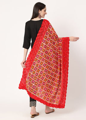 Red Chiffon Phulkari Embroidered Work Dupatta - Indian Silk House Agencies