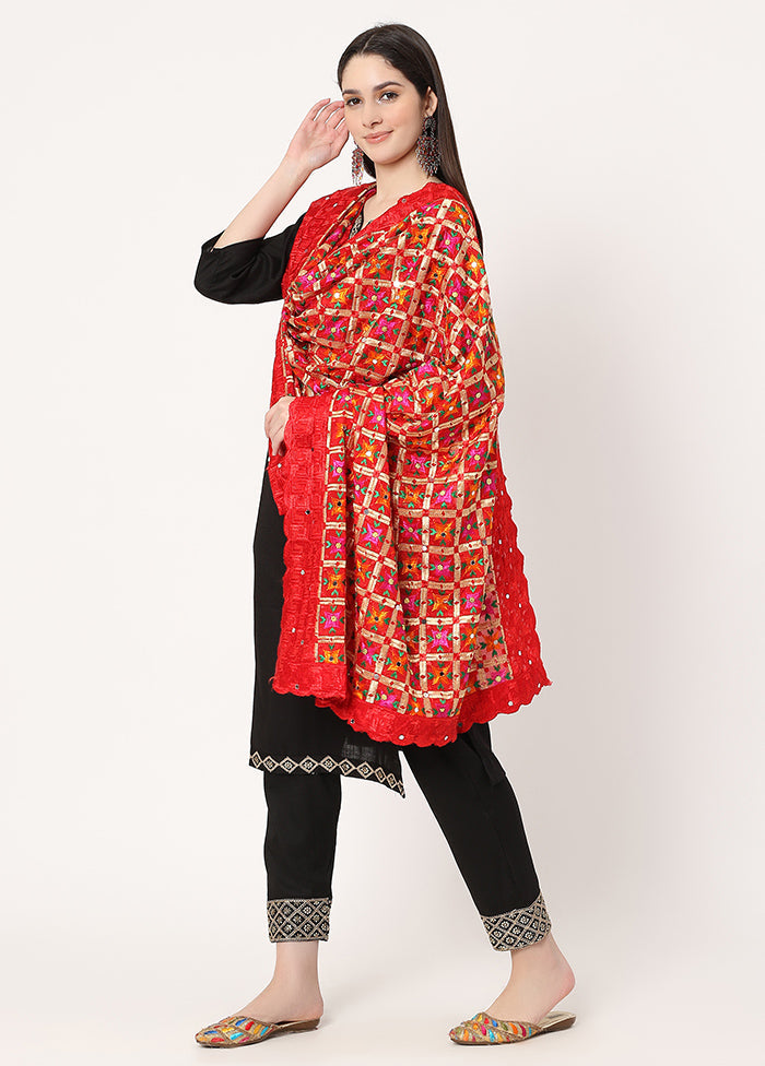 Red Chiffon Phulkari Embroidered Work Dupatta - Indian Silk House Agencies