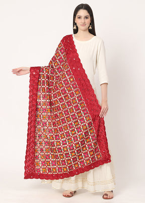 Maroon Chiffon Phulkari Embroidered Work Dupatta - Indian Silk House Agencies