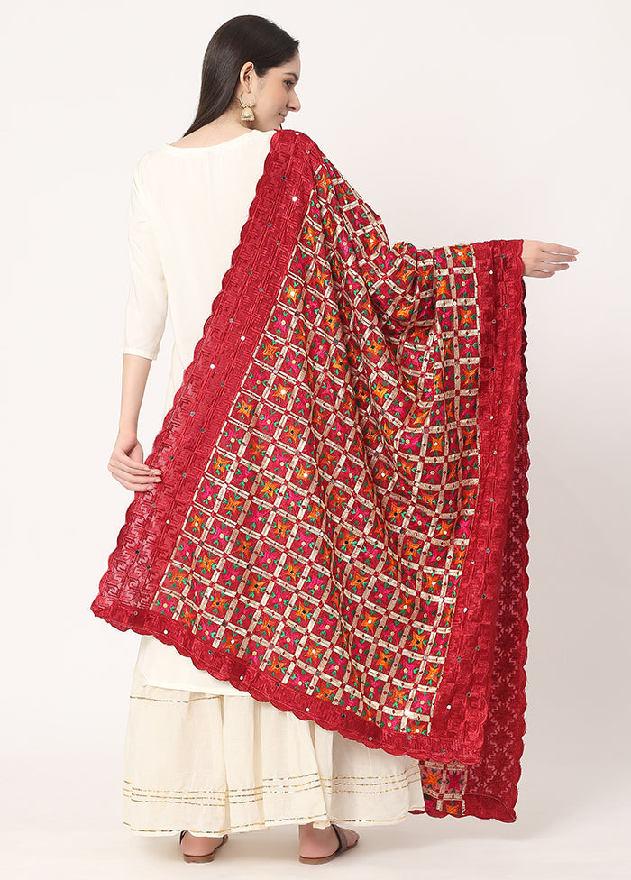 Maroon Chiffon Phulkari Embroidered Work Dupatta - Indian Silk House Agencies