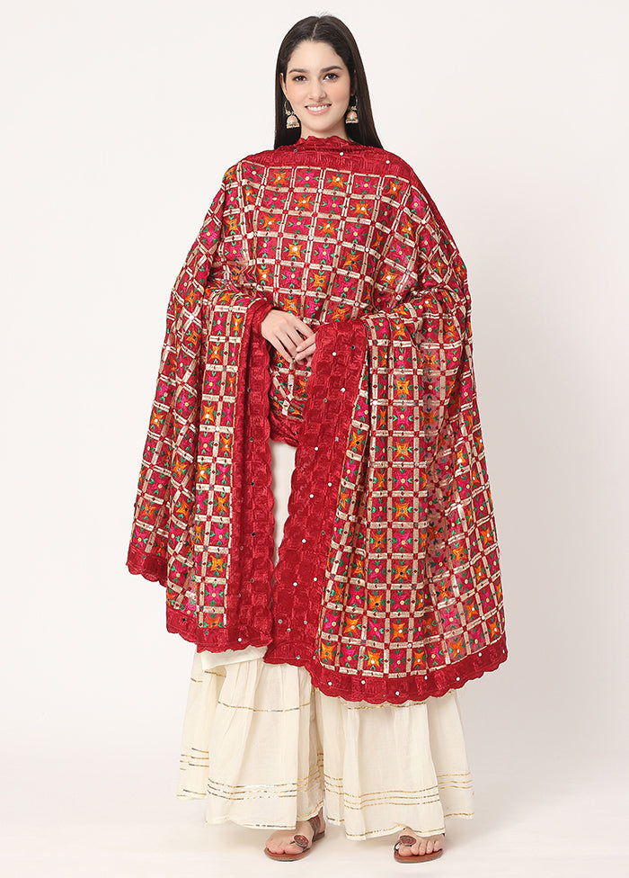 Maroon Chiffon Phulkari Embroidered Work Dupatta - Indian Silk House Agencies