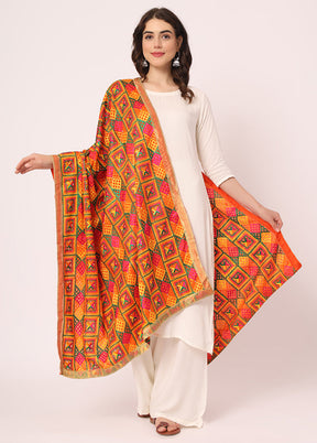 Orange Chiffon Phulkari Embroidered Work Dupatta - Indian Silk House Agencies