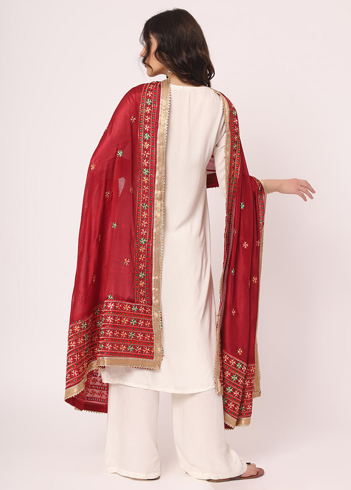 Maroon Chiffon Phulkari Embroidered Work Dupatta - Indian Silk House Agencies