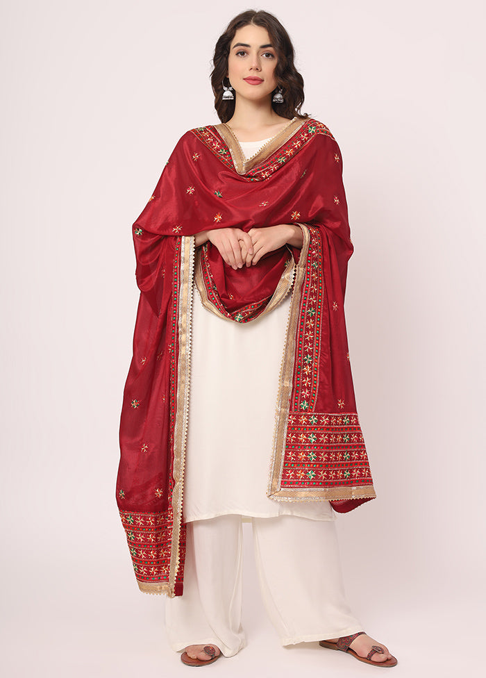 Maroon Chiffon Phulkari Embroidered Work Dupatta - Indian Silk House Agencies