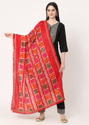 Red Chiffon Phulkari Embroidered Work Dupatta - Indian Silk House Agencies