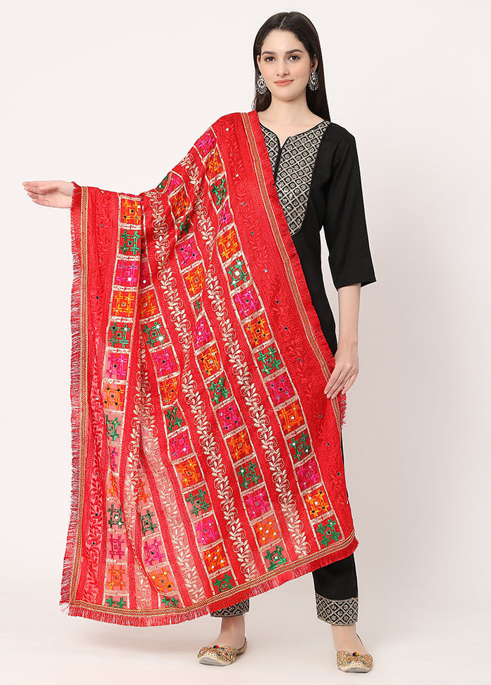 Red Chiffon Phulkari Embroidered Work Dupatta - Indian Silk House Agencies