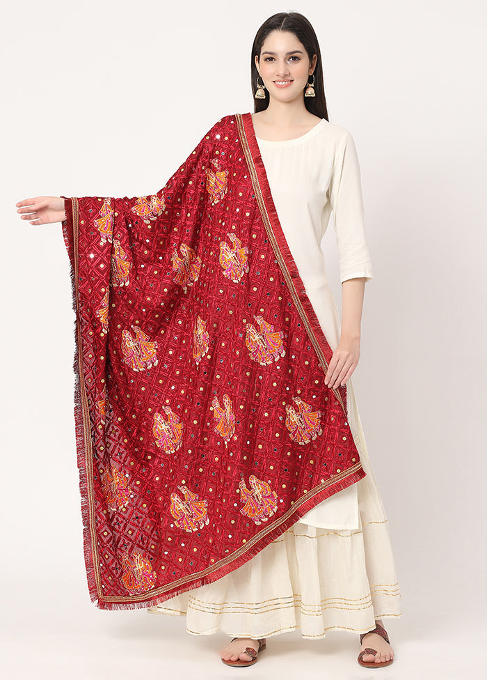 Maroon Chiffon Phulkari Embroidered Work Dupatta - Indian Silk House Agencies