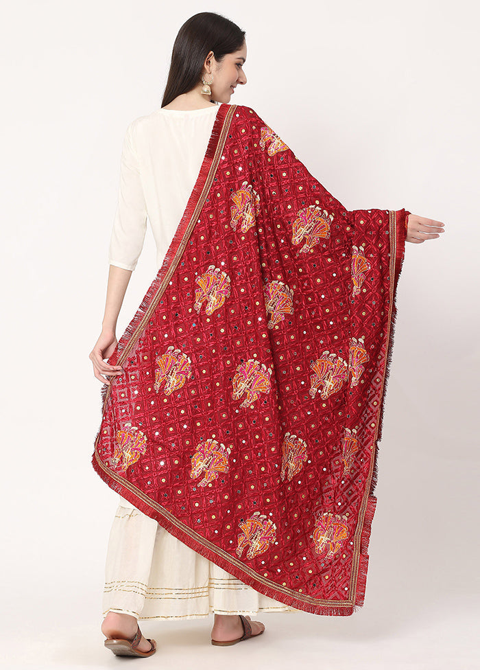 Maroon Chiffon Phulkari Embroidered Work Dupatta - Indian Silk House Agencies