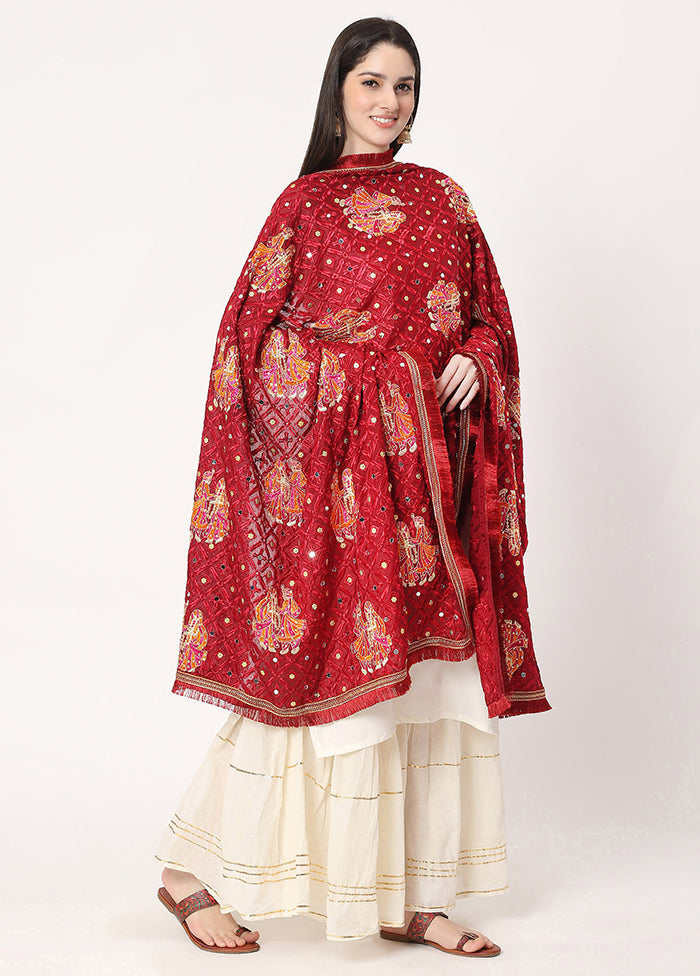 Maroon Chiffon Phulkari Embroidered Work Dupatta - Indian Silk House Agencies