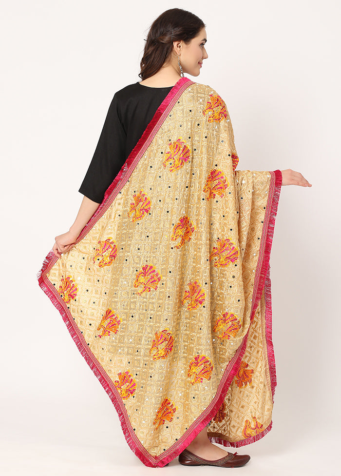 Beige Chiffon Phulkari Embroidered Work Dupatta - Indian Silk House Agencies