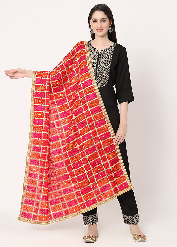 Red Chiffon Phulkari Embroidered Work Dupatta - Indian Silk House Agencies