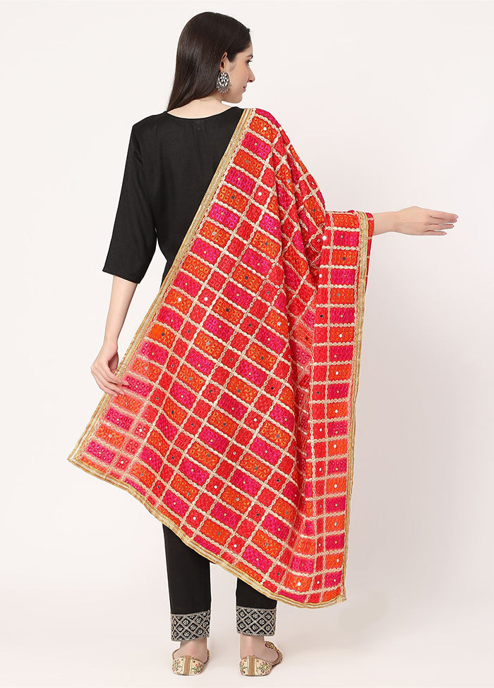 Red Chiffon Phulkari Embroidered Work Dupatta - Indian Silk House Agencies