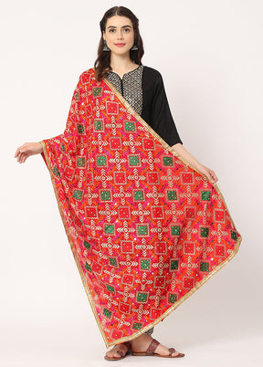 Red Chiffon Phulkari Embroidered Work Dupatta - Indian Silk House Agencies