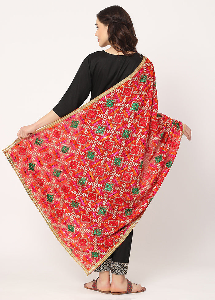 Red Chiffon Phulkari Embroidered Work Dupatta - Indian Silk House Agencies