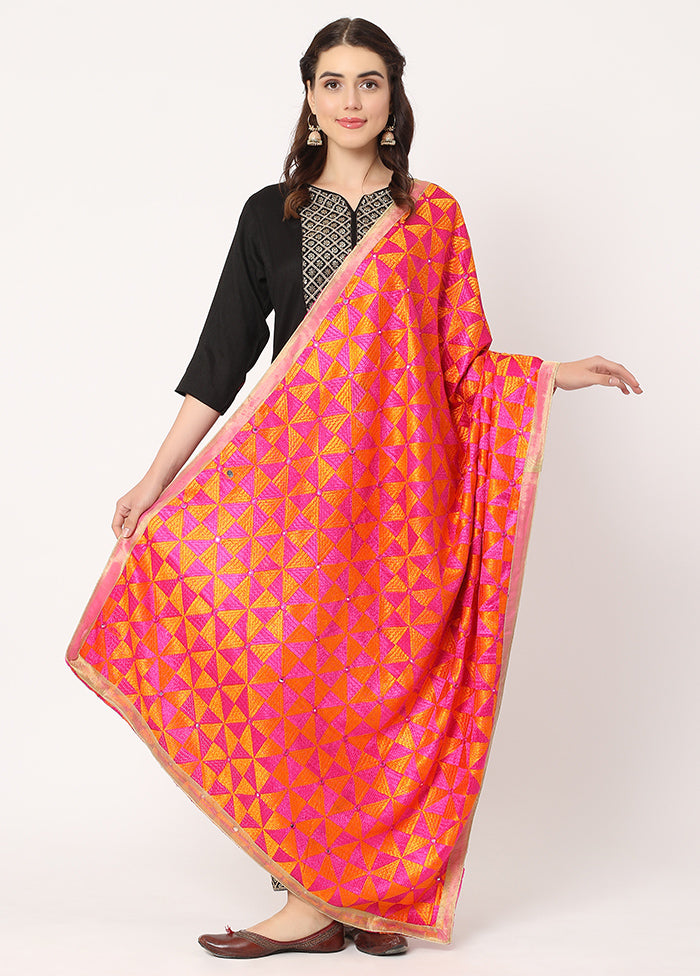 Pink Chiffon Phulkari Embroidered Work Dupatta - Indian Silk House Agencies