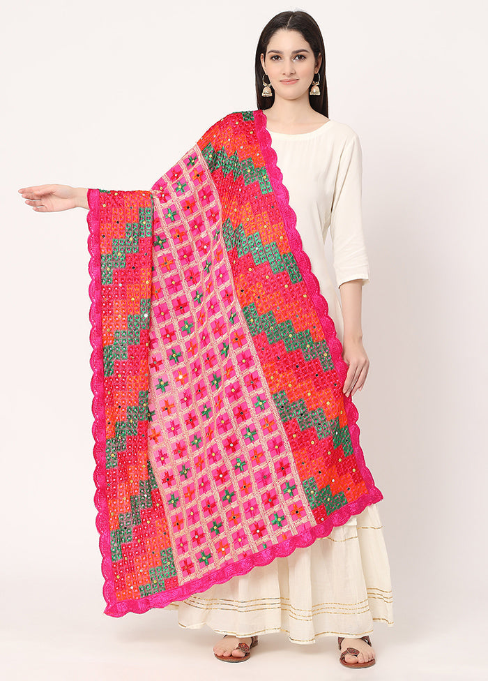 Pink Chiffon Phulkari Embroidered Work Dupatta - Indian Silk House Agencies