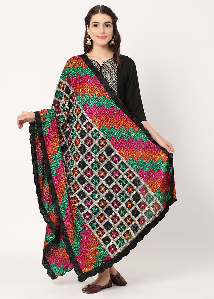 Black Chiffon Phulkari Embroidered Work Dupatta - Indian Silk House Agencies