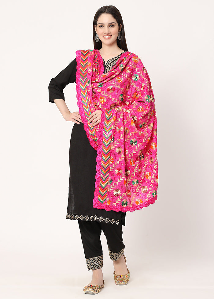 Pink Chiffon Phulkari Embroidered Work Dupatta - Indian Silk House Agencies