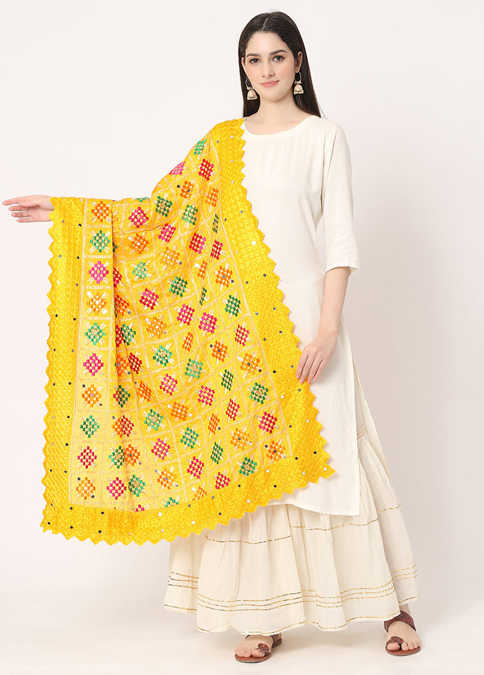 Yellow Chiffon Phulkari Embroidered Work Dupatta - Indian Silk House Agencies