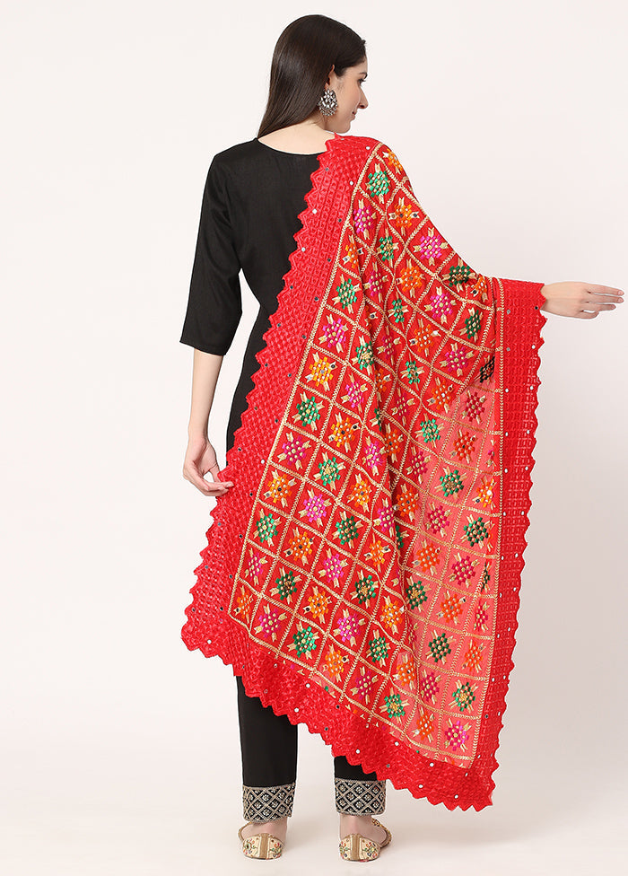 Red Chiffon Phulkari Embroidered Work Dupatta - Indian Silk House Agencies