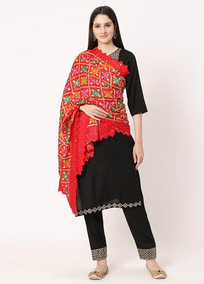 Red Chiffon Phulkari Embroidered Work Dupatta - Indian Silk House Agencies