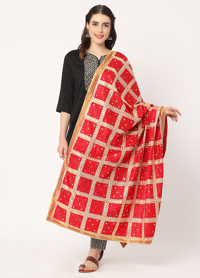 Red Chiffon Phulkari Embroidered Work Dupatta - Indian Silk House Agencies