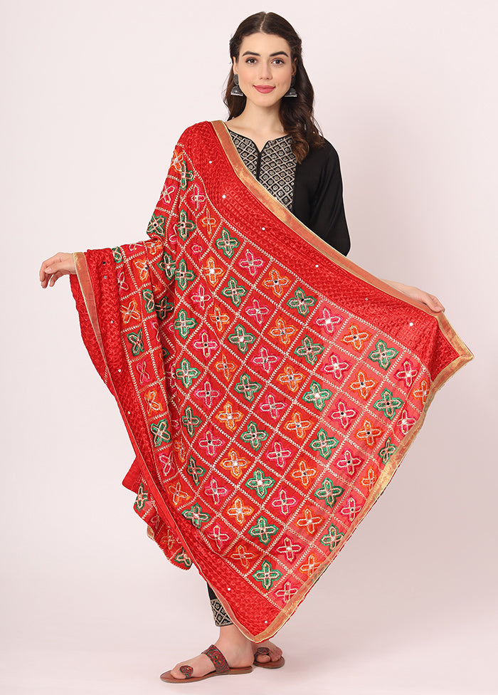 Red Chiffon Phulkari Embroidered Work Dupatta - Indian Silk House Agencies