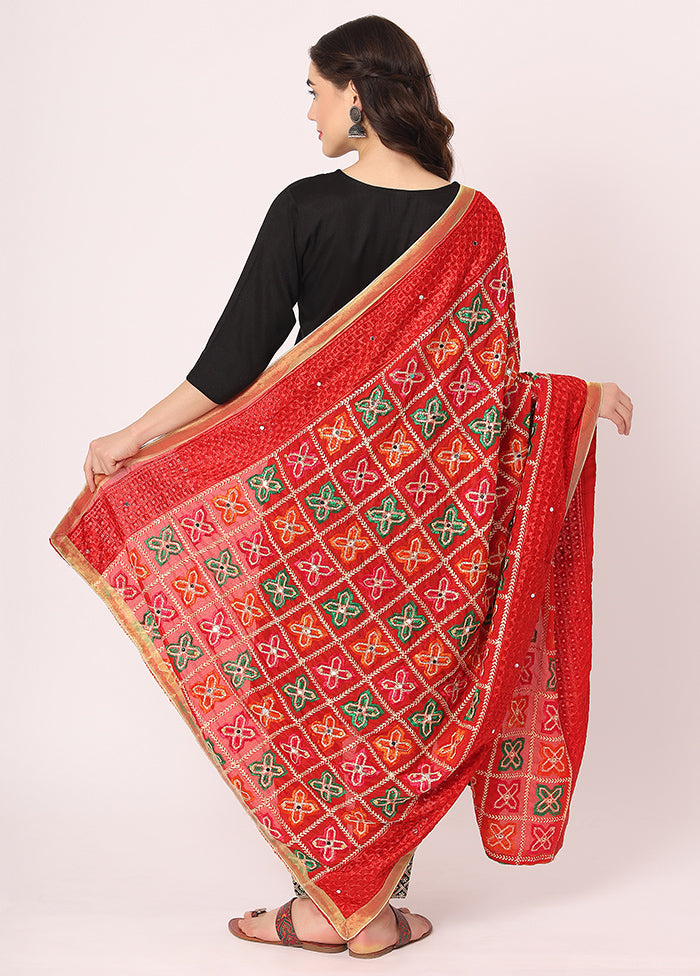 Red Chiffon Phulkari Embroidered Work Dupatta - Indian Silk House Agencies