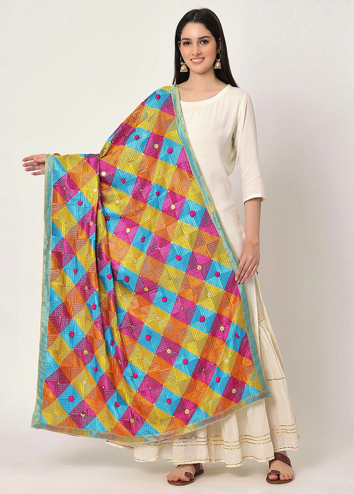 Multicolor Chiffon Phulkari Embroidered Work Dupatta - Indian Silk House Agencies