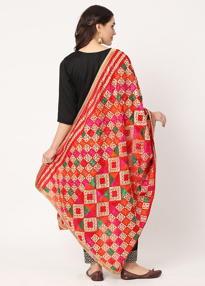 Red Chiffon Phulkari Embroidered Work Dupatta - Indian Silk House Agencies