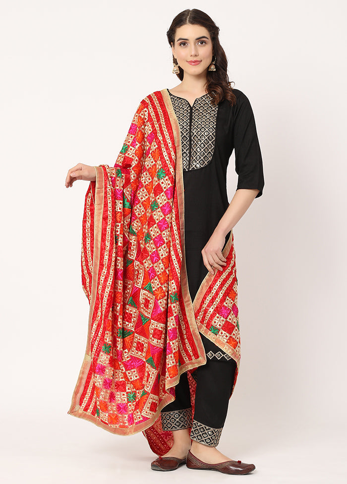 Red Chiffon Phulkari Embroidered Work Dupatta - Indian Silk House Agencies