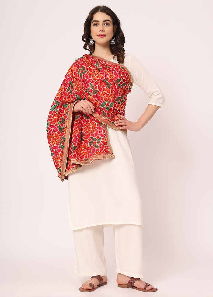 Red Chiffon Phulkari Embroidered Work Dupatta - Indian Silk House Agencies