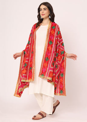 Red Chiffon Phulkari Embroidered Work Dupatta - Indian Silk House Agencies