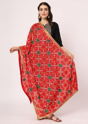 Red Chiffon Phulkari Embroidered Work Dupatta - Indian Silk House Agencies